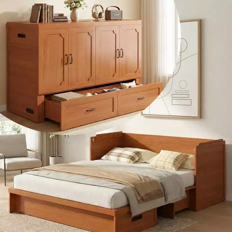 Mjkone Queen Size Wandelbares Murphy-Schrankbett mit USB-Ladefunktion, Schubladen, keine Matratze enthalten