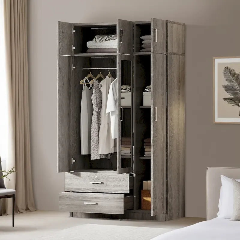 3-türiger Spiegelkleiderschrank mit 2 Schubladen und Aufsatzschrank
