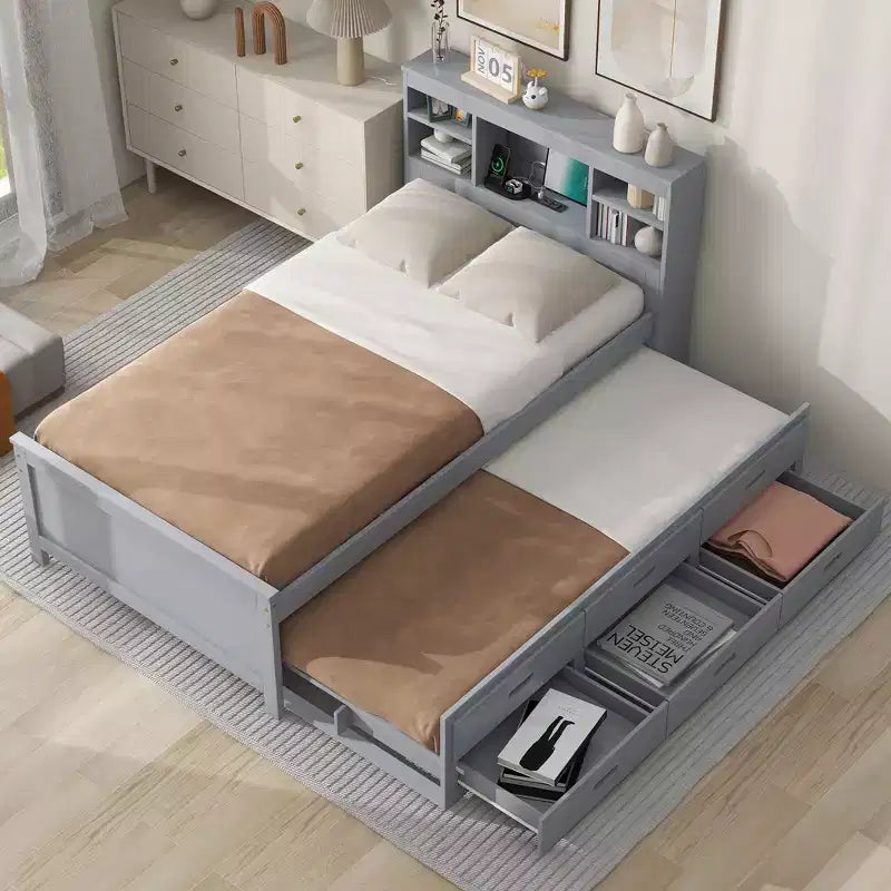 Plattformbett mit Rollbett und Schubladen, Stauraumbett mit USB-Anschluss, Holzbett mit Bücherregal