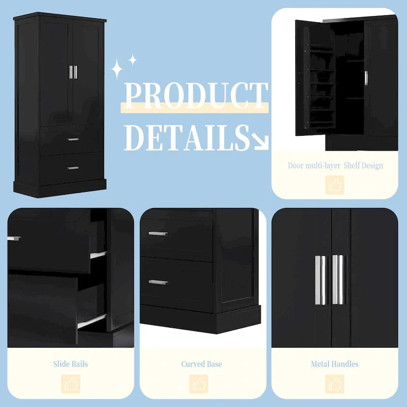 Hoher Badezimmerschrank, Schrank mit zwei Türen und Schubladen, verstellbarem Regal, MDF-Platte