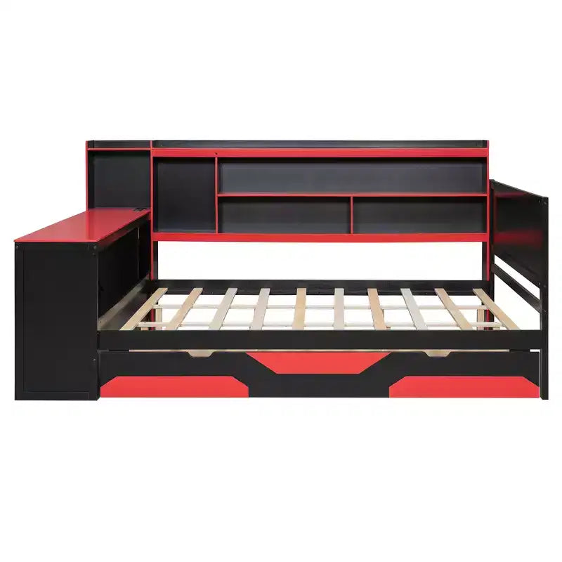 Gaming-Tagesbett (Queen-Size/Full-Size) mit Kopfteilregal, LED-Beleuchtung, integriertem Schreibtisch, Schubladen und Ladestation