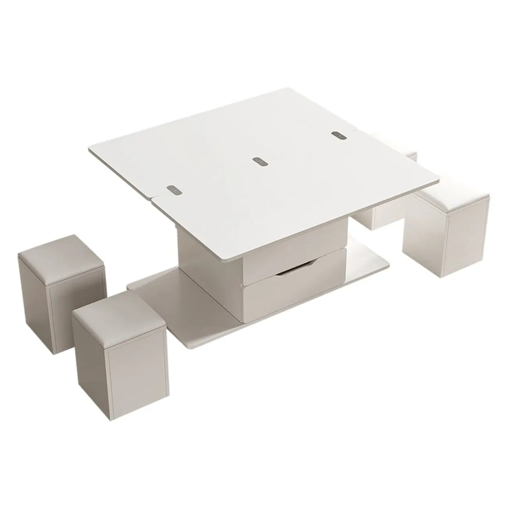 Klappbarer Couchtisch mit Liftfunktion, 4 Hockern und Stauraum