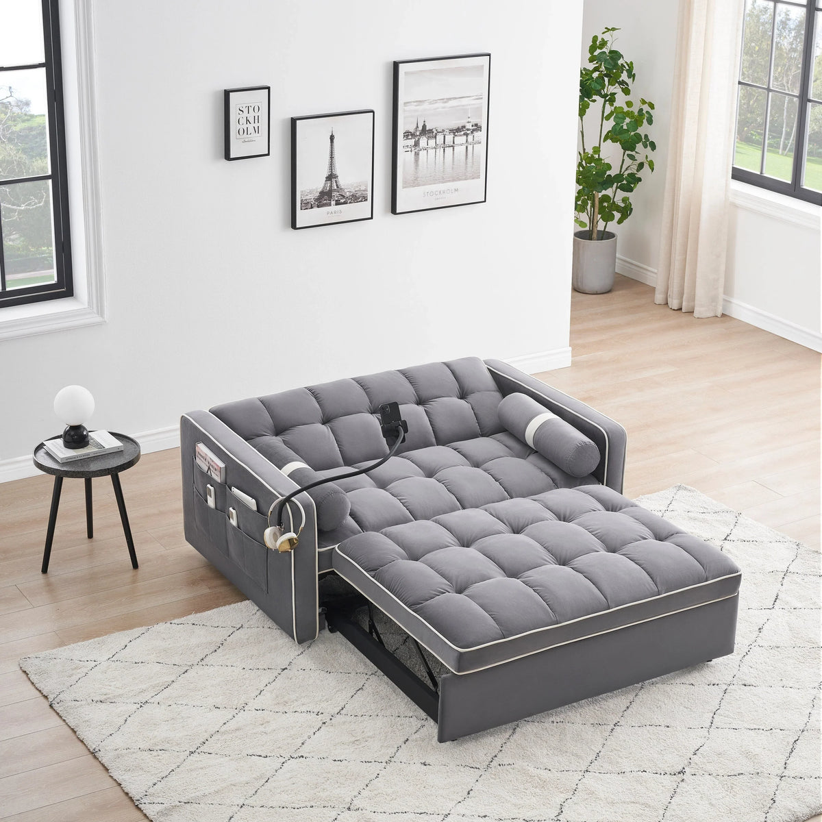 Samt-Schlafsofa zum Umbauen, 140 cm, 2-Sitzer, mit Ausziehbett, verstellbarer Rückenlehne, Seitentaschen und Handyhalterung