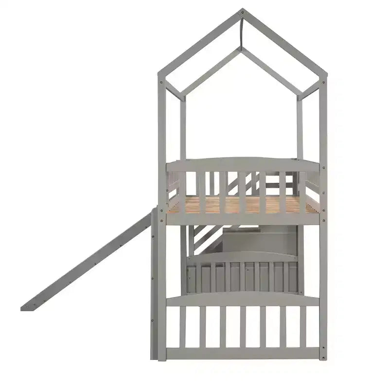 Doppelhaus-Hochbett mit Rutsche und Treppe, Hochbett mit Aufbewahrungsschubladen, Holzhaus-Hochbett für Kinder und Kleinkinder