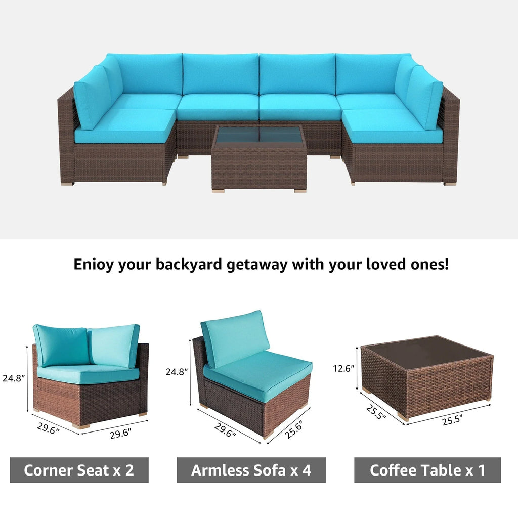 7-teiliges Outdoor-Sofa-Set aus Korbweide/Stahl mit Polstern