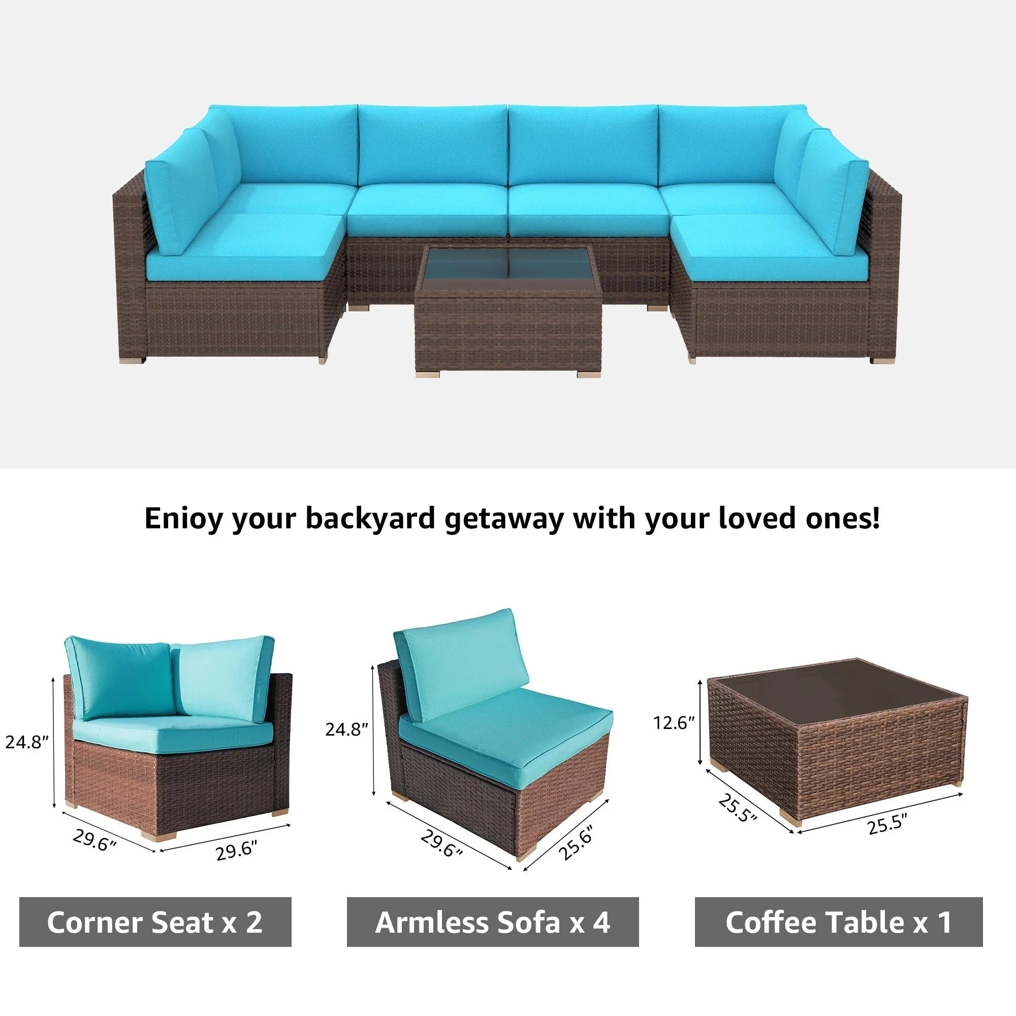 7-teiliges Outdoor-Sofa-Set aus Korbweide/Stahl mit Polstern