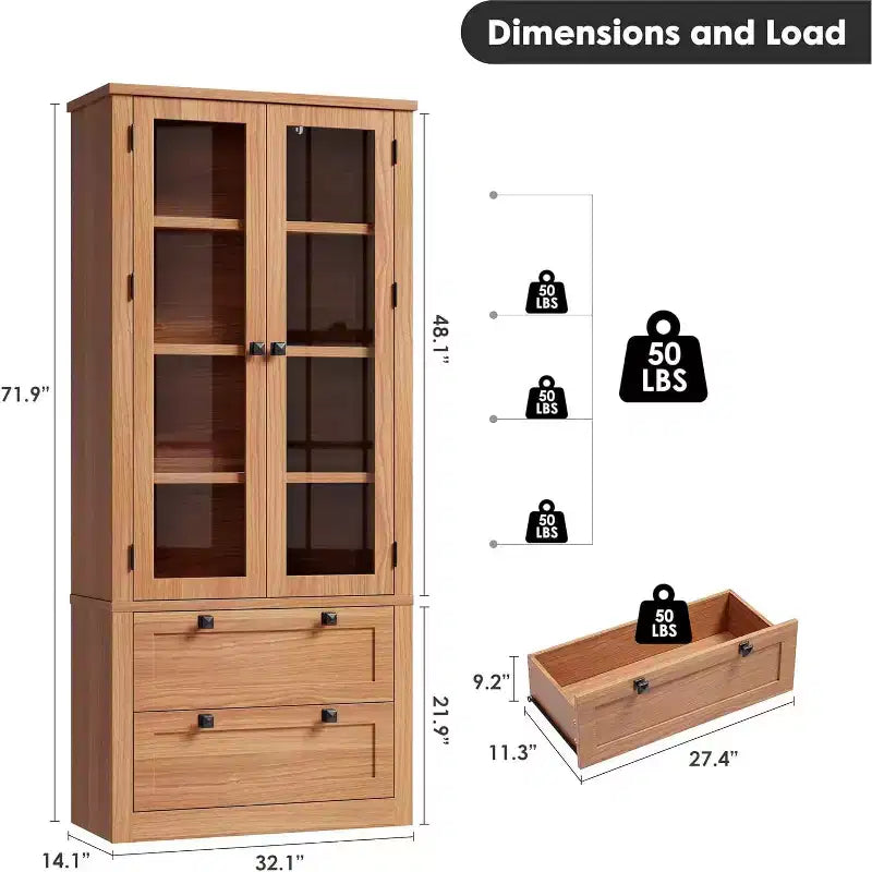 Farmhouse Küchenschrank mit Glastüren, 183 cm Vorratsschrank mit Schubladen und verstellbaren Regalböden für Esszimmer, Bad, Wohnzimmer