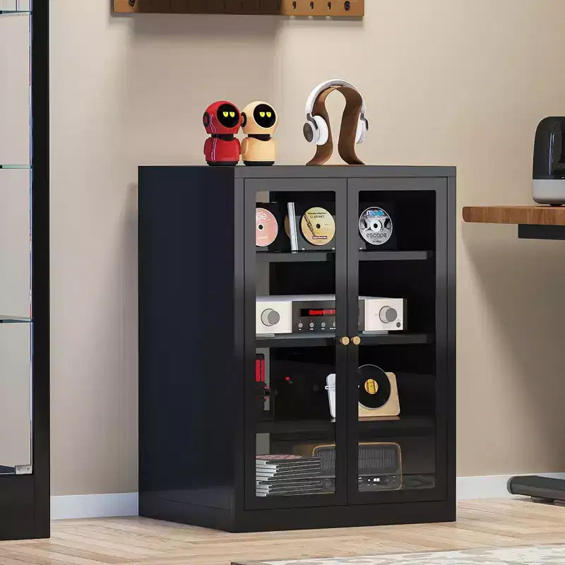 Bekrvio Metall-Mediaschrank, 4-stöckiger Stereoschrank mit Glastüren und verstellbaren Einlegeböden, Audio-AV-Rack mit Kabelmanagement