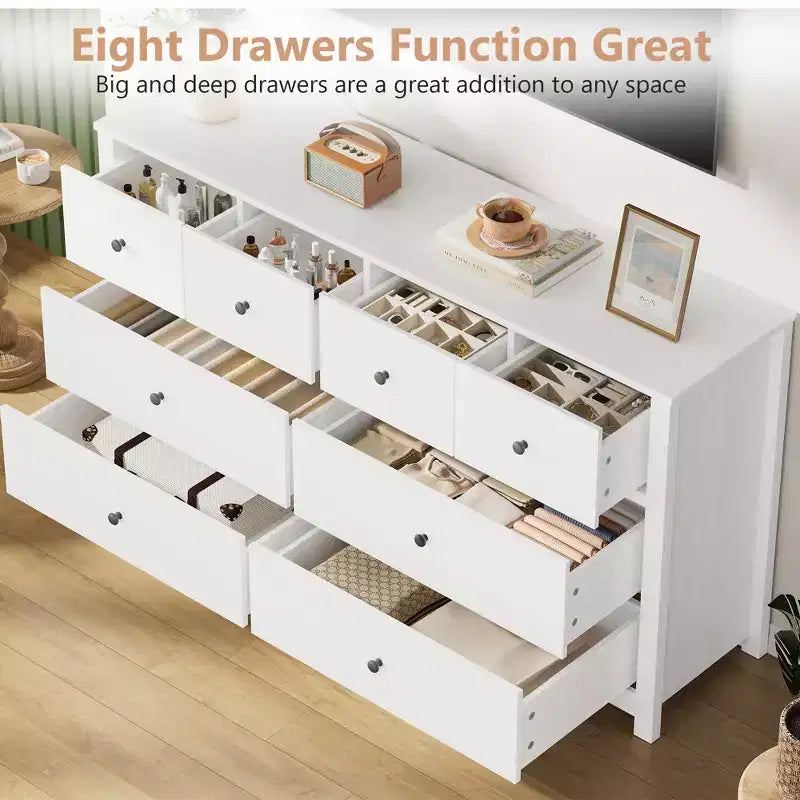 Moderne Kommode mit 8 Schubladen für das Schlafzimmer, breite Holzkommode mit viel Stauraum, freistehender Organizer-Schrank für das Wohnzimmer