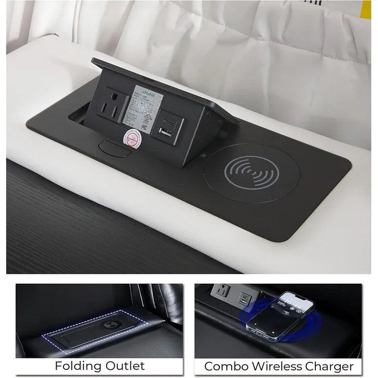 Elektrisches Relaxsofa mit kabellosem Ladegerät, Leselampe für das Wohnzimmer, Kunstleder-LED-Beleuchtung, AC/USB-Anschluss, Getränkehalter, Schwarz