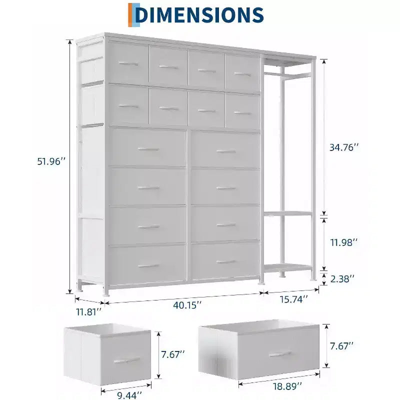 Kommode mit 16 Schubladen, Kleiderstange und Ablagen, Stoff-Aufbewahrungsorganizer für Schlafzimmer, Schrank oder Flur