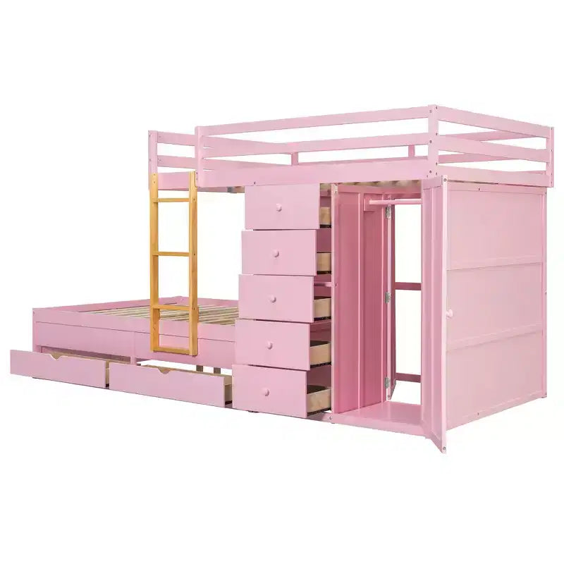 Etagenbett „Full-over-Full“ mit Kleiderschrank und Schubladen, platzsparendes Etagenbett aus Holz in voller Größe mit Rausfallschutz für Apartment, Schlafzimmer