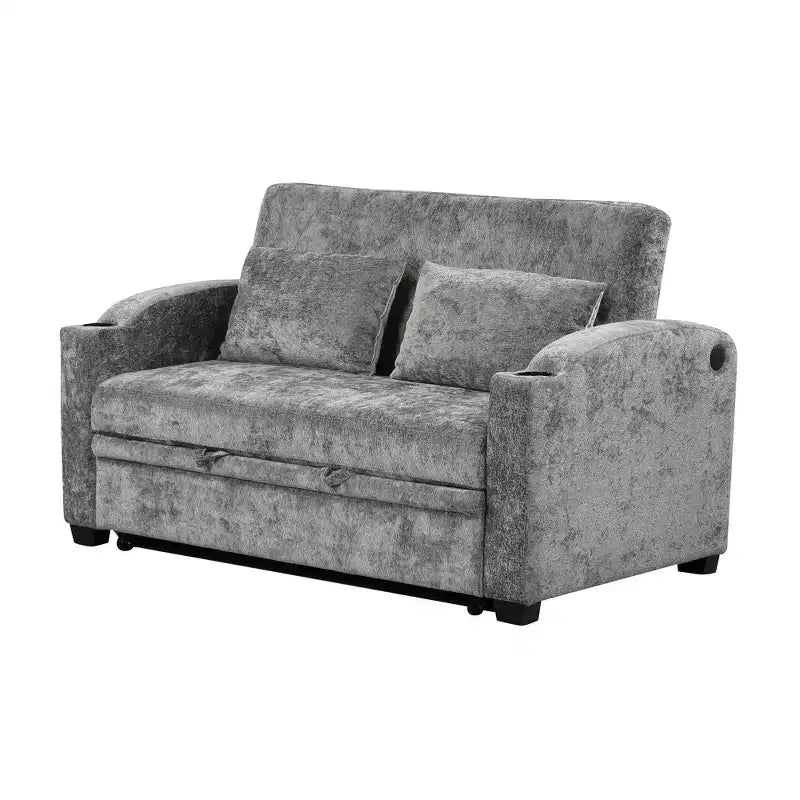 61.6 Modernes Chenille-Schlafsofa mit USB-Anschlüssen, Becherhaltern und verstellbarer Rückenlehne für Wohnzimmer, Apartment