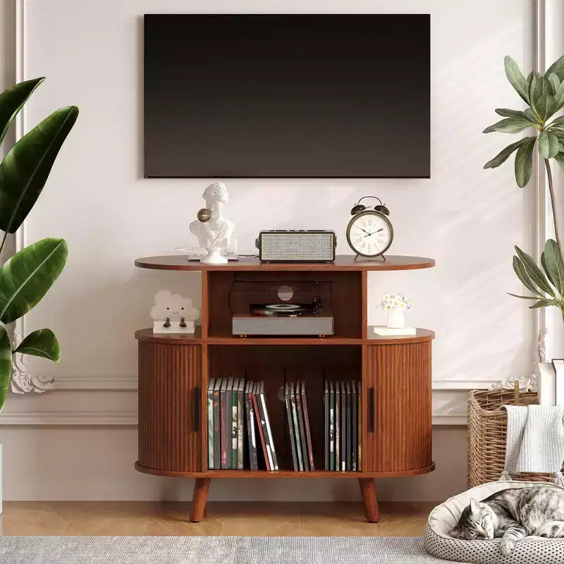 Plattenspielerständer im Mid-Century Modern Stil, Schallplattenregal aus Holz, offener Vinyl-Aufbewahrungsschrank, für Wohnzimmer, Schlafzimmer