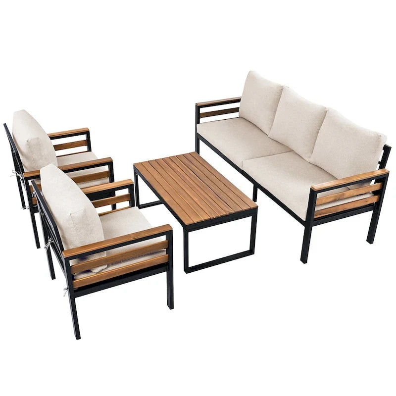 4-teiliges Outdoor-Sofa-Set für 5 Personen mit Couchtisch aus Massivholz und abnehmbaren Kissen