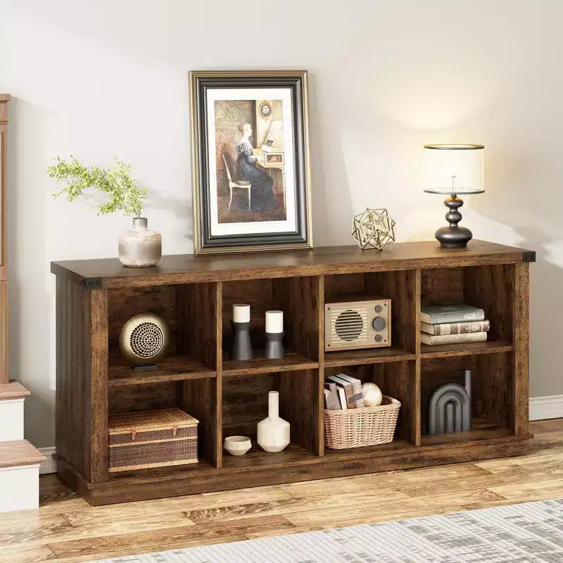 8 Würfelregal, Bücherregal im Landhausstil, 157,5 cm langes Holzregal für den Eingangsbereich, langes, niedriges Bücherregal für das Wohnzimmer