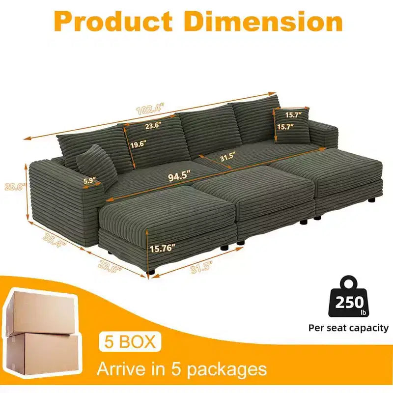 102,4 Plüsch-Cord-Schlafsofa für 4 Personen mit Hockern – Grün