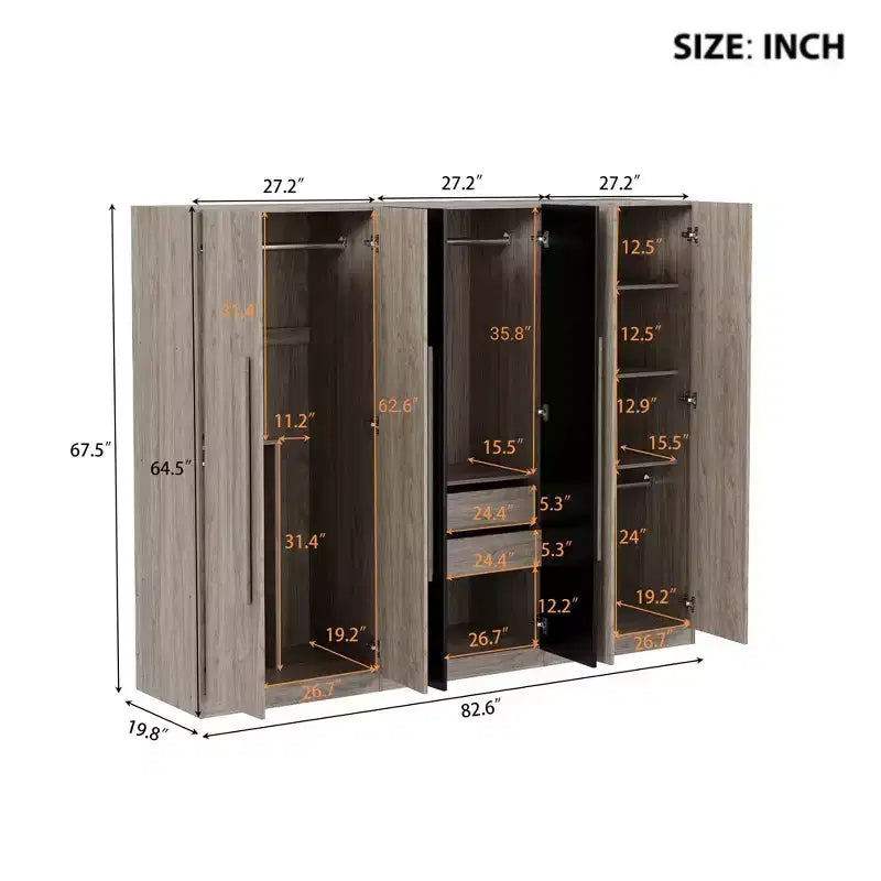 83W 6-türiger Kleiderschrank Garderobenschrank Aufbewahrungsschrank mit 2 Schubladen, Kleiderstangen und Ablageflächen, Schwarz+Natur-ModernLuxe