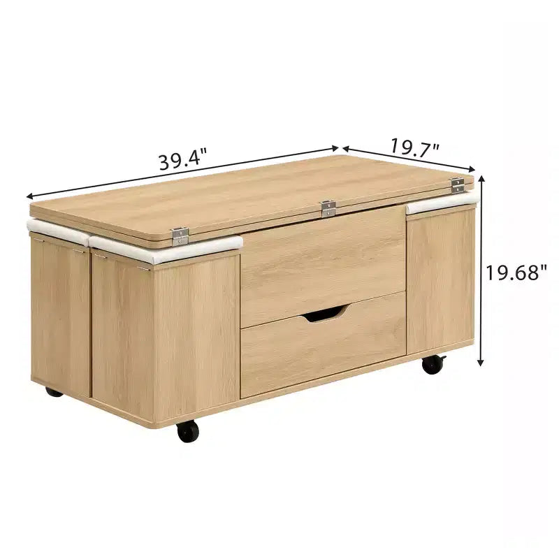 Multifunktionaler moderner Couchtisch mit Hebefunktion, verstecktem Stauraum, 4 Hockern und Rollen, perfekt für moderne Wohnbereiche