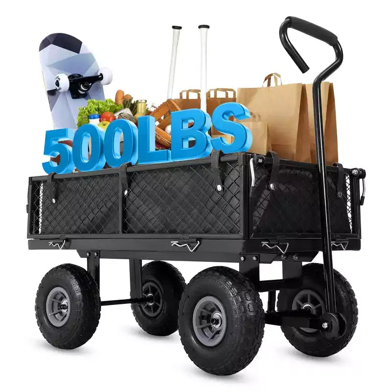 Hochleistungs-Stahl-Gartenwagen, 500 Lbs, klappbarer Gerätewagen mit abnehmbaren Gitterseiten und Einlage, 10 pneumatische Reifen, Ziehgriff
