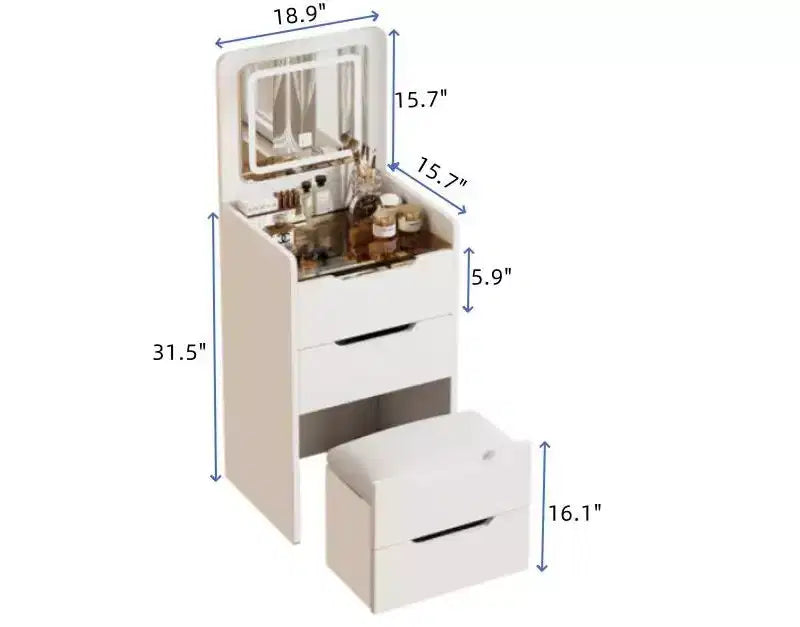 Okak 3-in-1 Schminktisch mit Klappspiegel, kompakter Waschtisch mit sichtbarer Glasplatte und gepolstertem Hocker, Schminktisch für das Schlafzimmer
