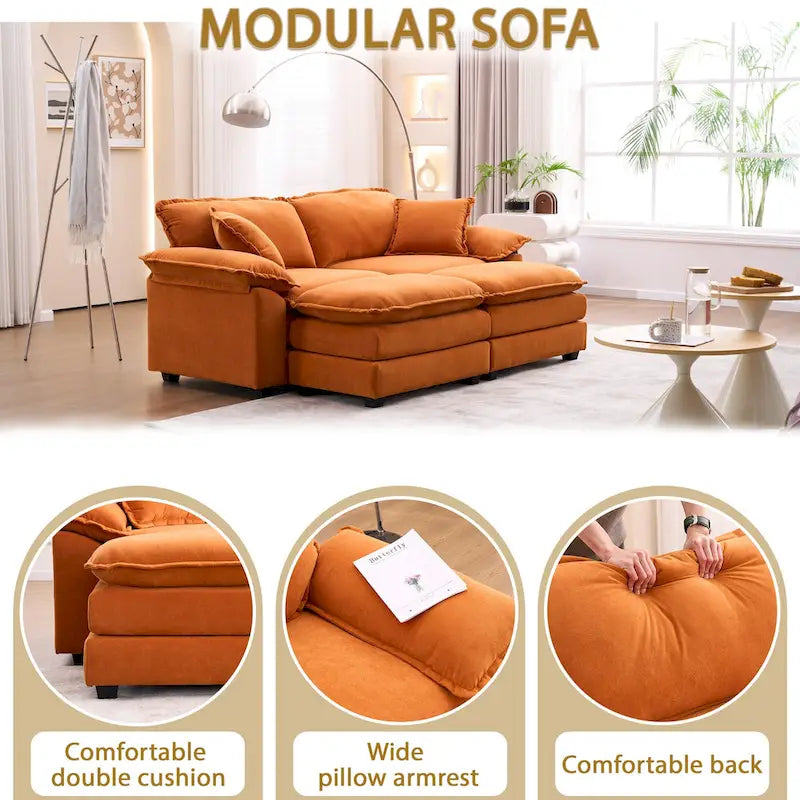 2-Sitzer-Sofa mit 2 Kissen, 2 Polstern und 2 Hockern, bequemes Sofa – Tiefes Wohnzimmersofa, Modulsofa