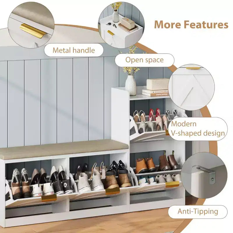 Bauernhaus-Schuhschrank mit Sitzbank, 4 Klappfächer, Schuhaufbewahrung im Eingangsbereich mit gepolstertem Sitz, freistehende Schuhregalbank