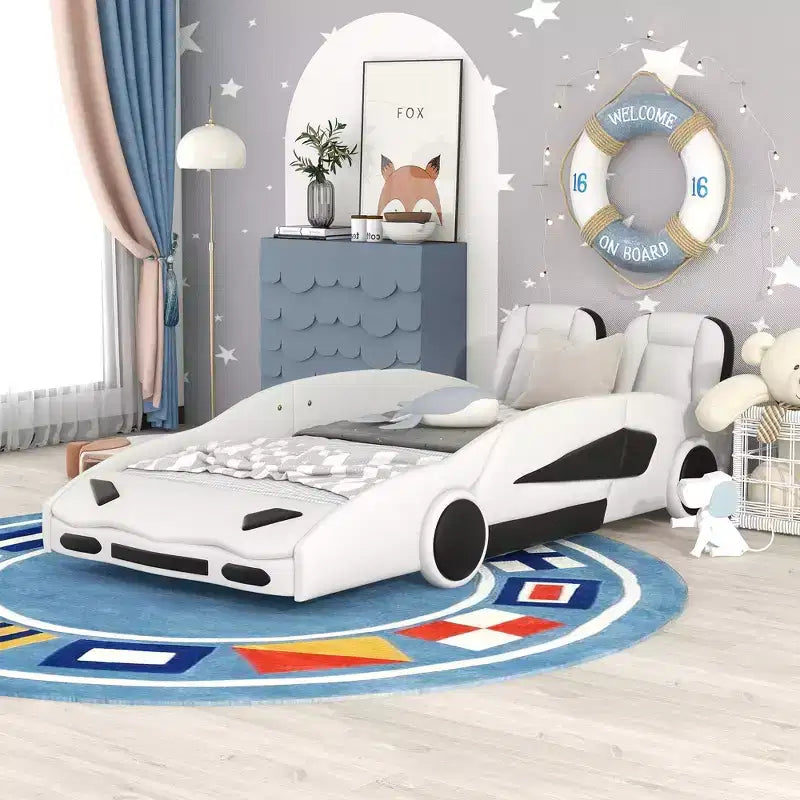 Whisen Wood Plattformbett in Rennwagen-Form, Twin-Größe, mit LED-Beleuchtung und gepolsterter Rückenlehne