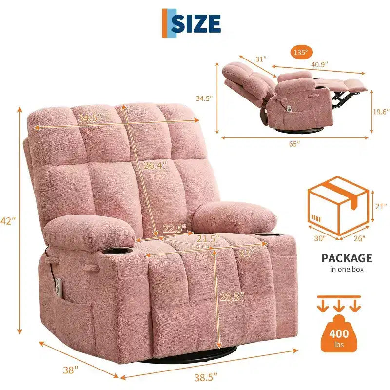 Übergroßer Relaxsessel für Erwachsene, Manueller Dreh-Schaukelsofa, Seitentaschen & Getränkehalter für Große und Schwergewichtige, Wohnzimmer
