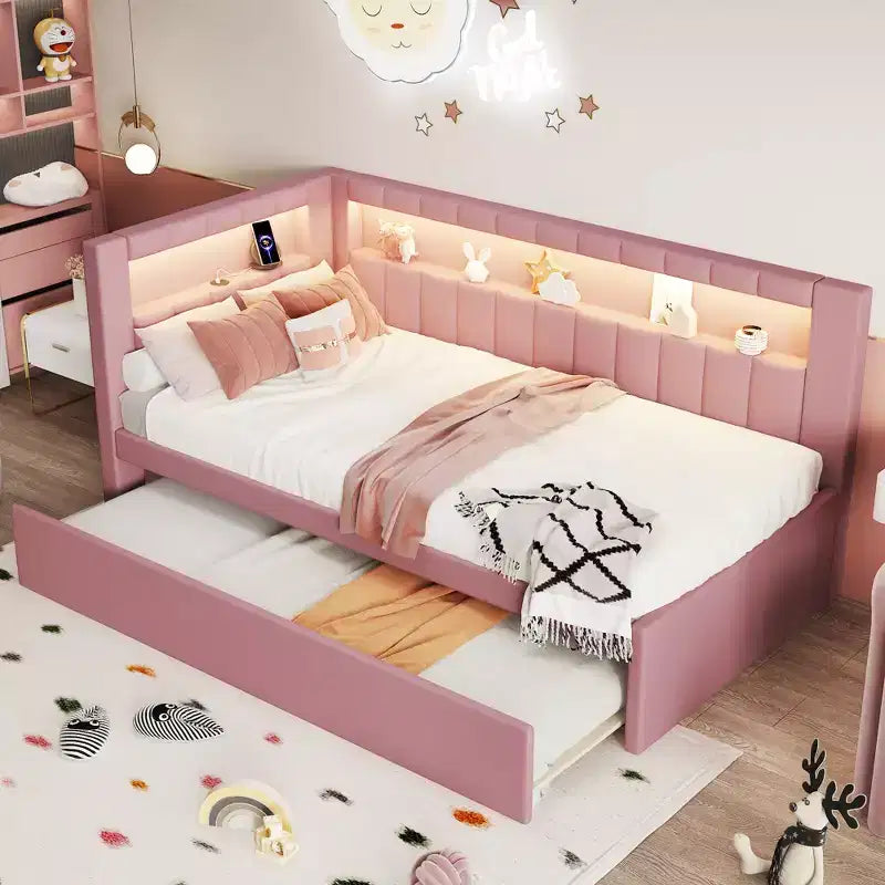 Einzel-/Doppel-Tagesbett mit Ausziehbett und L-förmigem Bücherregal-Kopfteil, gepolstertes Eckbett aus Leinen mit Ablageregalen und LED-Beleuchtung