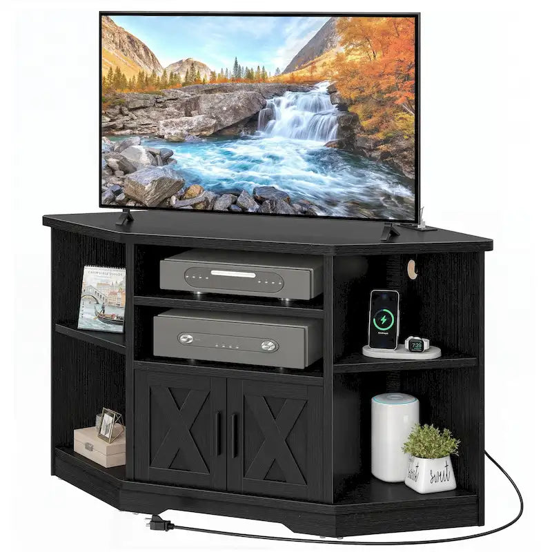 Farmhouse Eck-TV-Ständer Unterhaltungscenter Medienkonsole für Fernseher bis 55 Zoll mit Steckdose