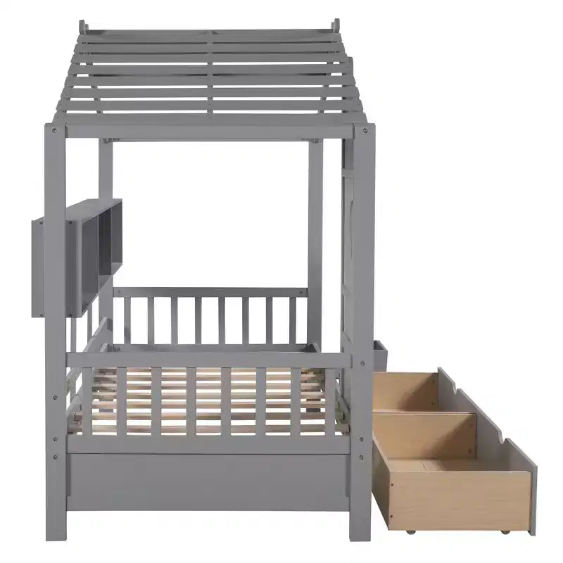 Hausbett aus Holz in Twin-/Full-Size mit 2 Schubladen, Kinderbett mit Ablageregal - ModernLuxe