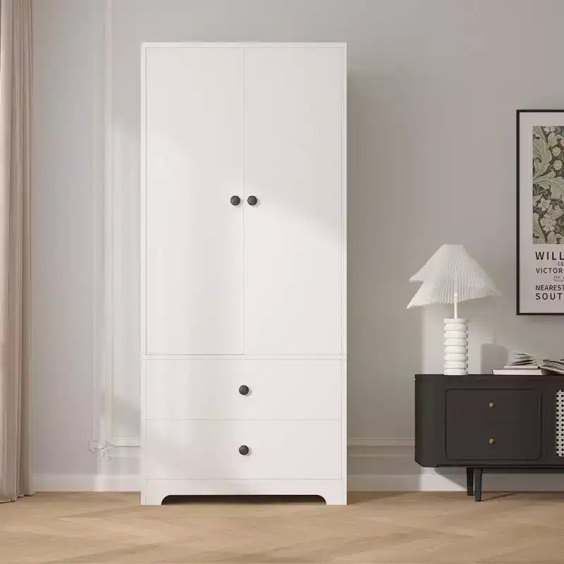 71 Zoll Moderner Kleiderschrank aus Holz mit 2 Türen, 2 Schubladen, verstellbaren Einlegeböden, Kleideraufbewahrungsschrank und Kleiderstange