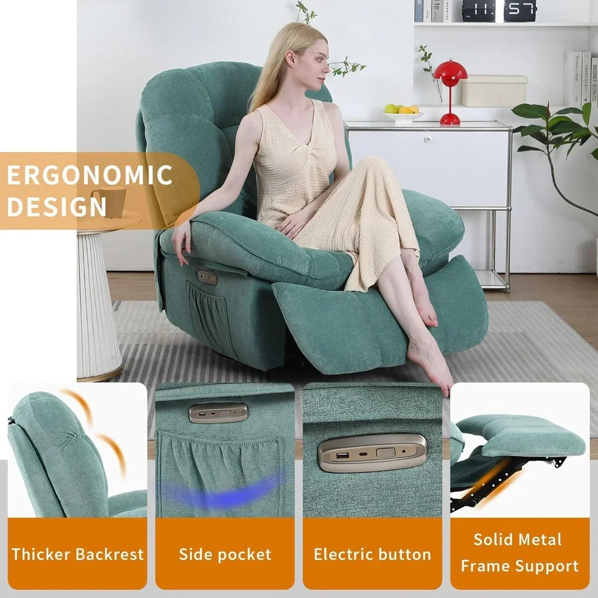 XINMICS Drehbarer elektrischer Relaxsessel, Massage-Schaukel-Liegesessel mit Heizfunktion, USB, USB-C und Seitentasche
