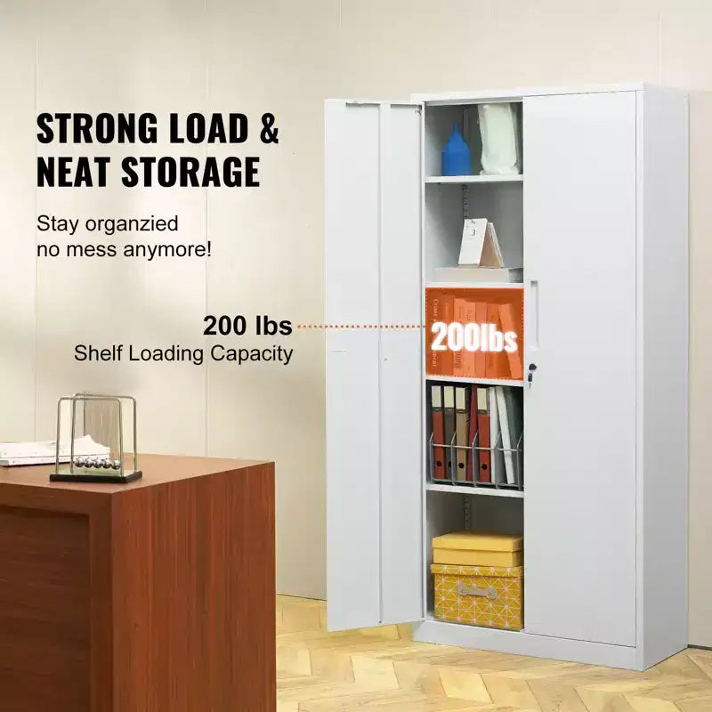VEVOR Metall-Aufbewahrungsschrank, abschließbarer Stahlschrank mit 2 Magnettüren und 4 verstellbaren Einlegeböden, 180 cm hoher Metallschrank, 90 kg Tragkraft, Weiß