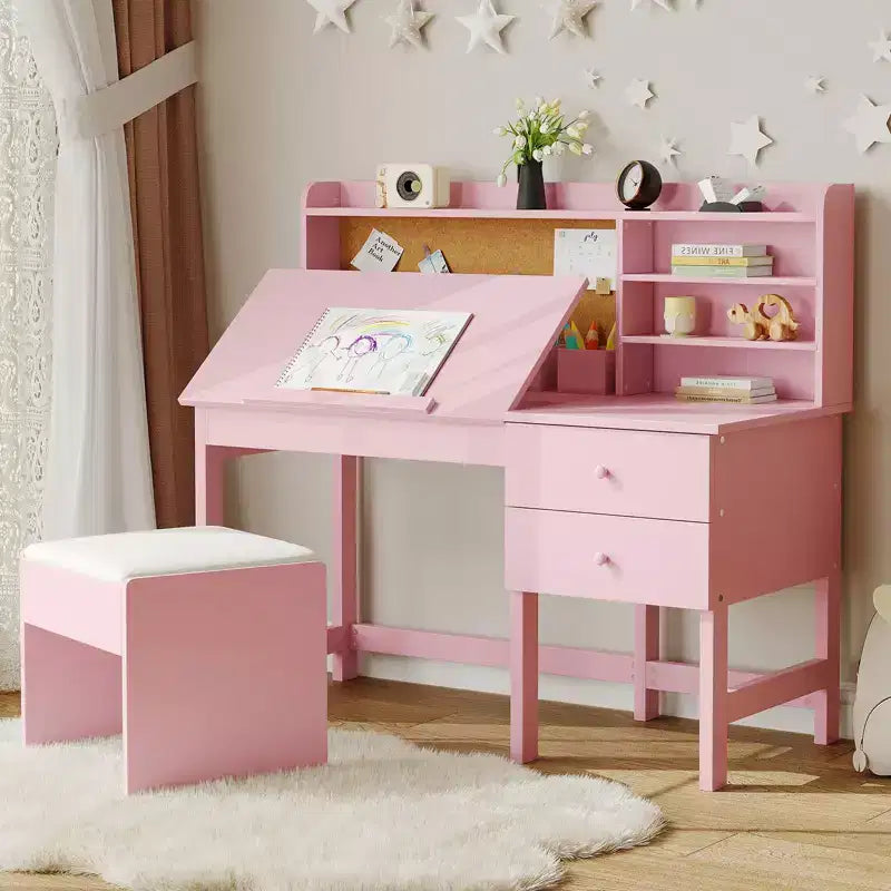 Kinder Schreibtisch und Stuhl Set, Holz Lerntisch mit verstellbarer Neigungsplatte, Schubladen & Korktafel - Schul-Lernschreibtisch Set für Kinder