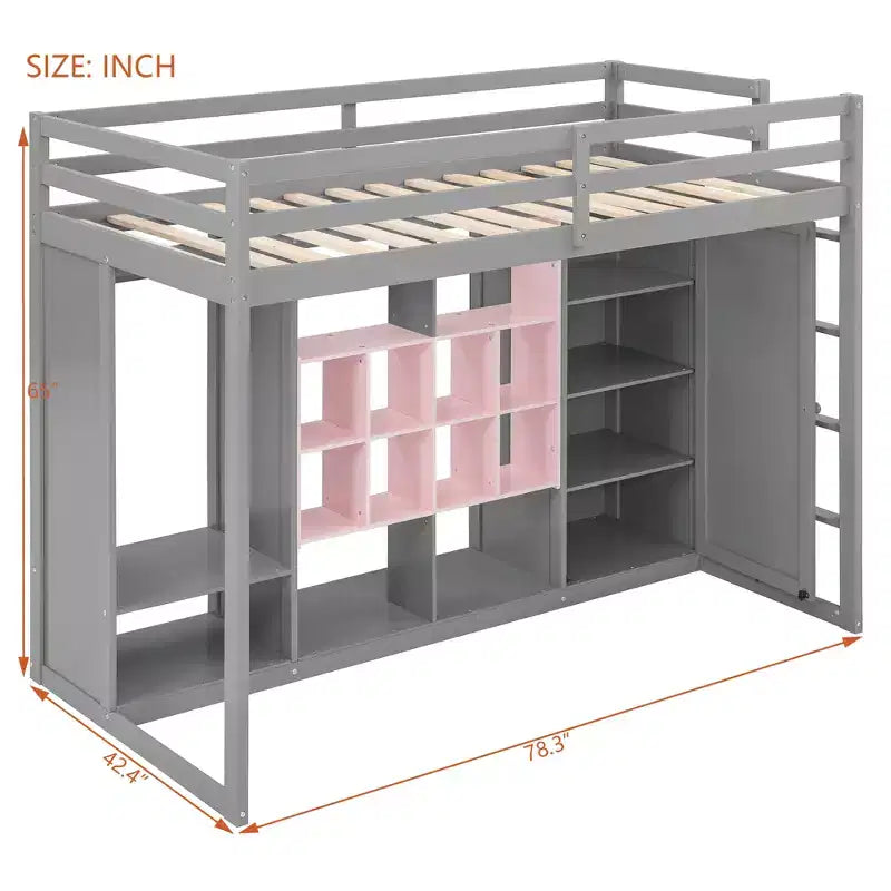 Hochbett für Kinder mit Kleiderschrank und Regalen, Holz-Hochbettgestell mit Aufbewahrungsschrank für Kinder und Jugendliche