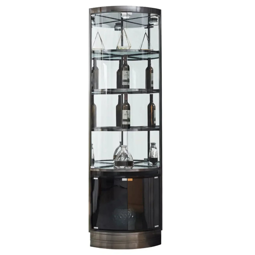 Eck-Weinregal aus Glas und Metall mit mehreren Ablageflächen