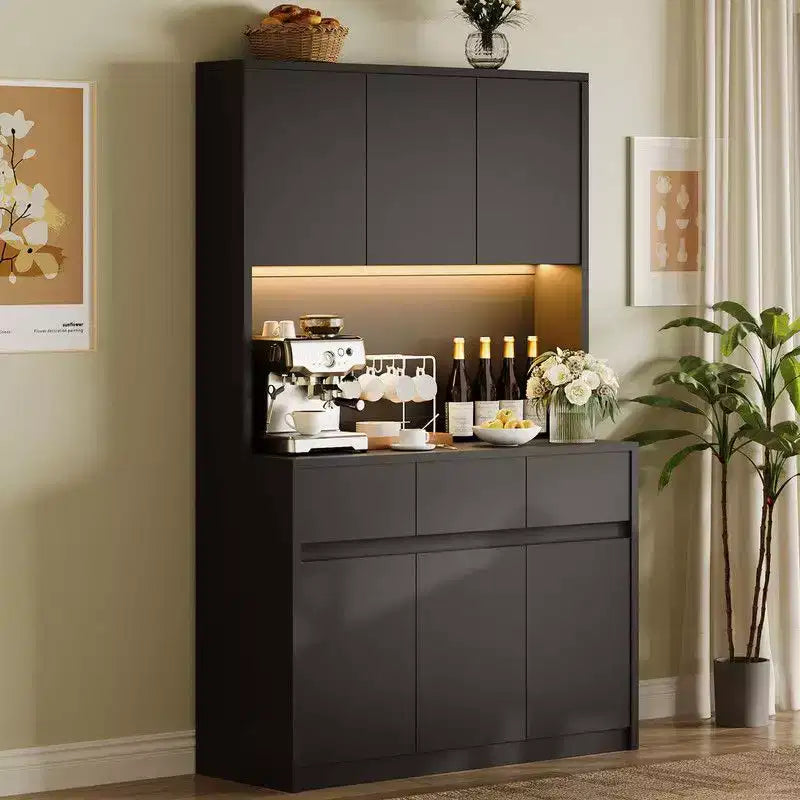 71 Zoll Küchenschrank, Aufbewahrungsschrank mit LED-Beleuchtung und Steckdosen, Buffet-Schrank mit Mikrowellenständer, verstellbare Regalböden