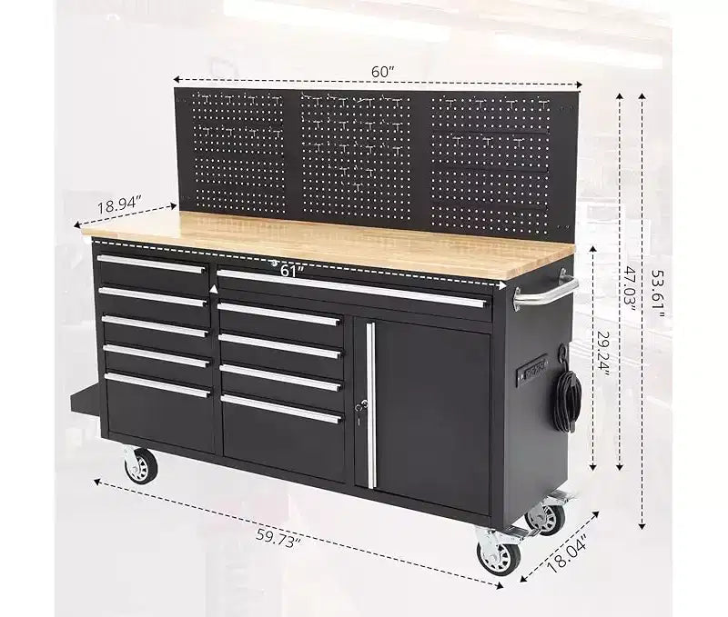 61 Zoll 10-Schubladen Rollender Werkzeugkasten & Garagen-Werkbank mit Steckdosenleiste, Massivholzplatte aus Gummi, 1675 LBS Tragkraft Schwerlast-Mobile Arbeitsstation Schrank