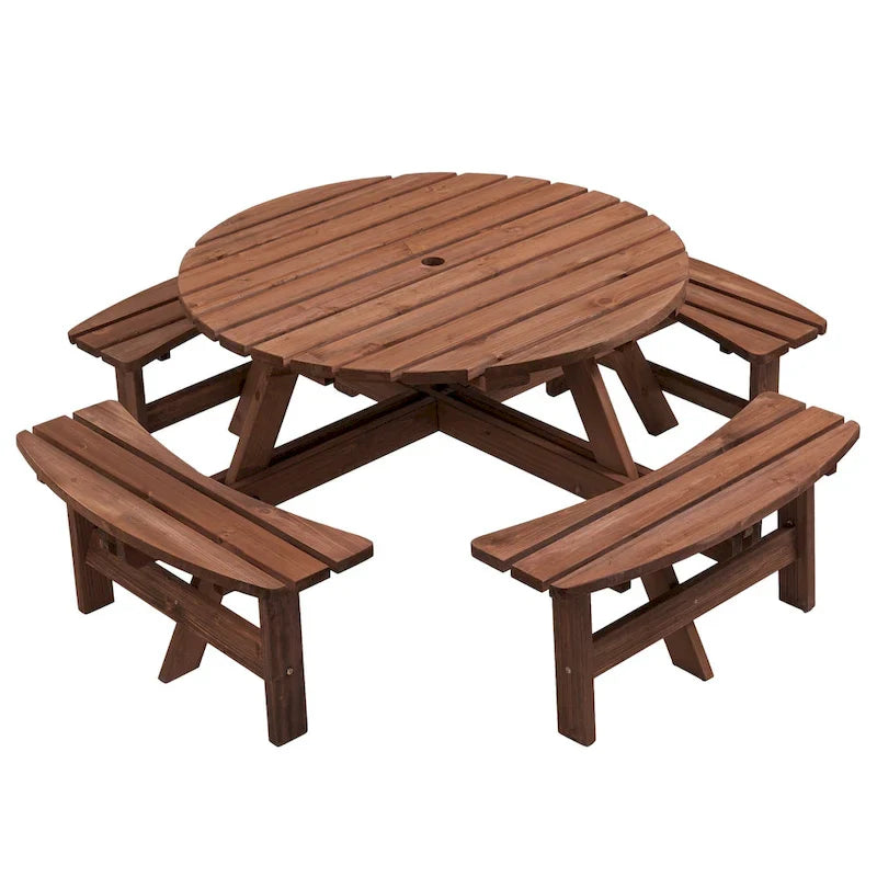 8-Personen Outdoor-Picknick-Esstisch-Garnitur aus Tannenholz, rund, mit 4 integrierten Bänken und Sonnenschirmloch