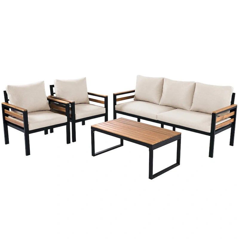 4-teiliges Outdoor-Sofa-Set für 5 Personen mit Couchtisch aus Massivholz und abnehmbaren Kissen