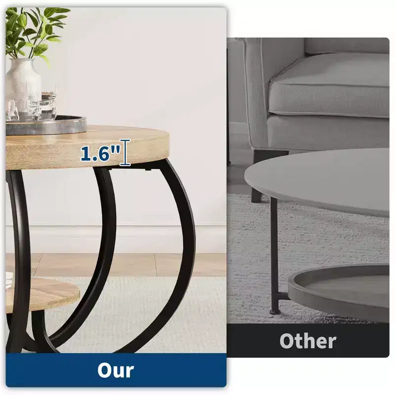 30 Zoll runder industrieller Couchtisch, 2-stöckig mit verstellbaren Füßen, Holzmaserungsablage, Flammendesign, einfache Montage, Wohnzimmer