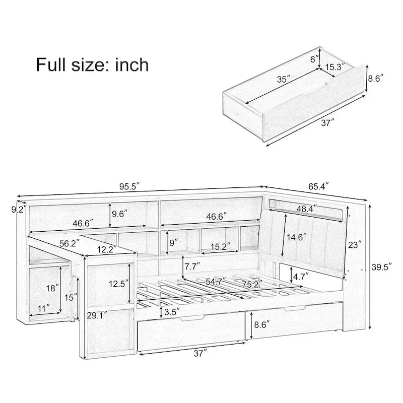 L-förmiges Holzsofa-Tagesbett mit Schreibtisch, Bücherregal, Eckbett mit Schubladen unter dem Bett, gepolstertem Kopfteil und integrierter Beleuchtung