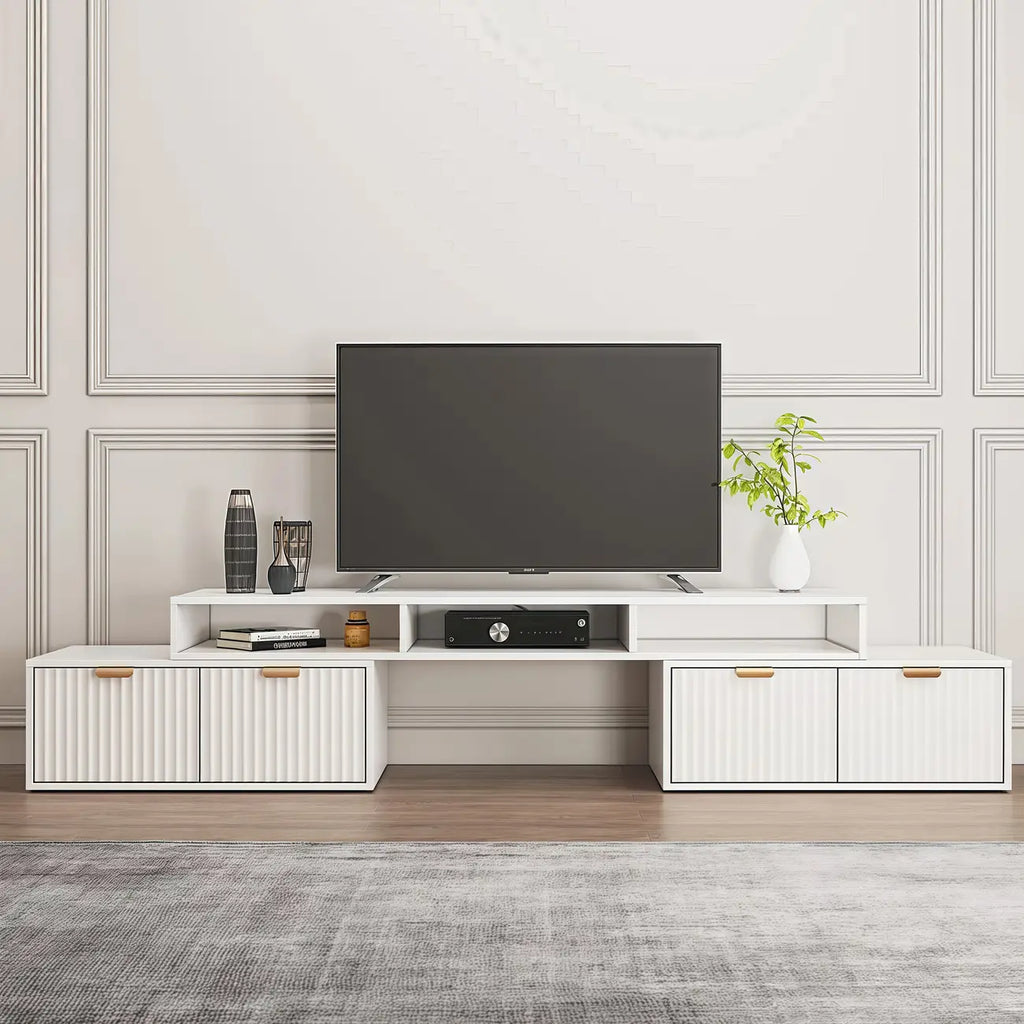 Moderner, weißer TV-Eckschrank mit 2 Schubladen und offenem Stauraum