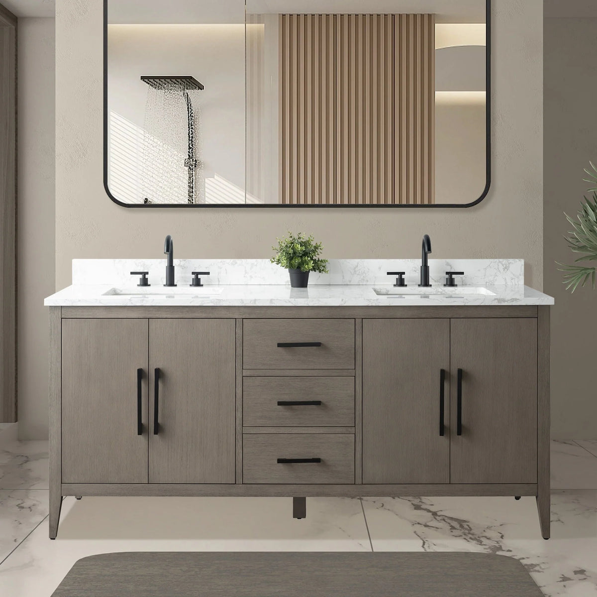 Vanity Art 72 Zoll Badezimmer-Waschtischunterschrank mit Doppelwaschbecken und Kunstmarmorplatte