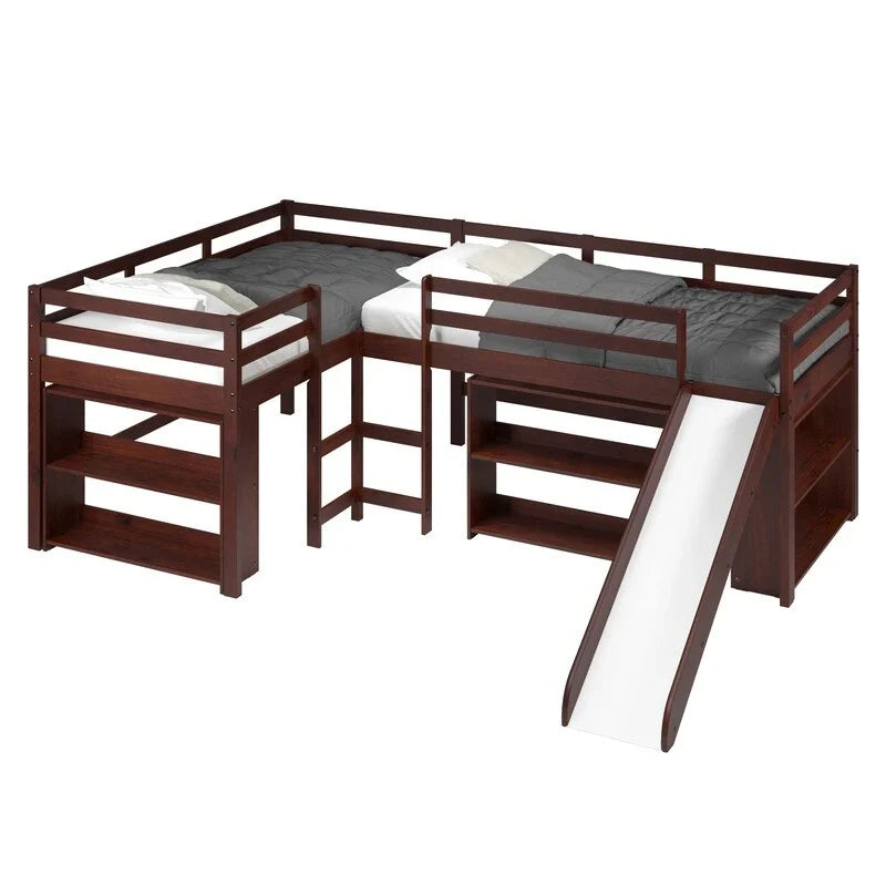 Doppeltes L-förmiges Etagenbett mit Rutsche und Schlafzimmermöbel-Set in dunklem Cappuccino