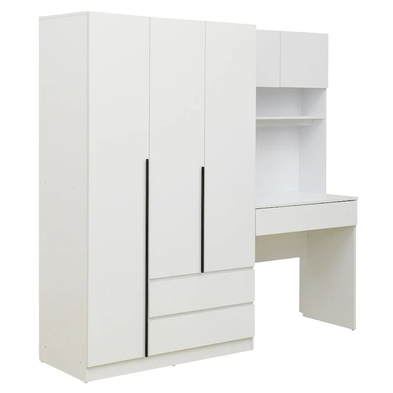 3-in-1 Kleiderschrank mit Schminktisch, Schreibtisch-Set, Schlafzimmer-Schrank mit 2 Schubladen, 3-türiger Aufbewahrungsschrank mit Schreibtisch