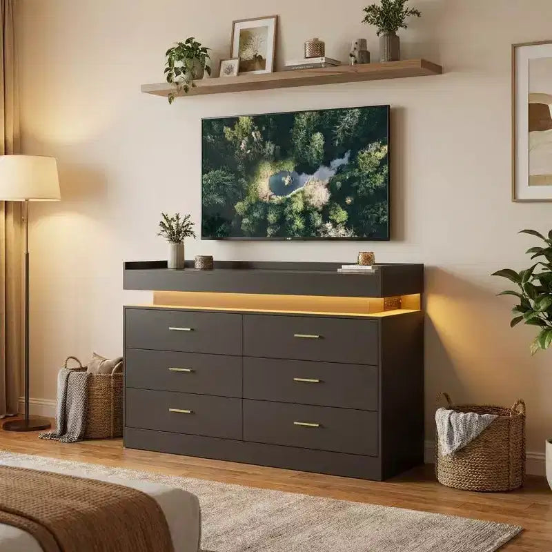 Moderner TV-Schrank mit 6 Schubladen & LED-Beleuchtung, schwebende Arbeitsplatte als Kaffeebar für Wohnzimmer Entertainment Center
