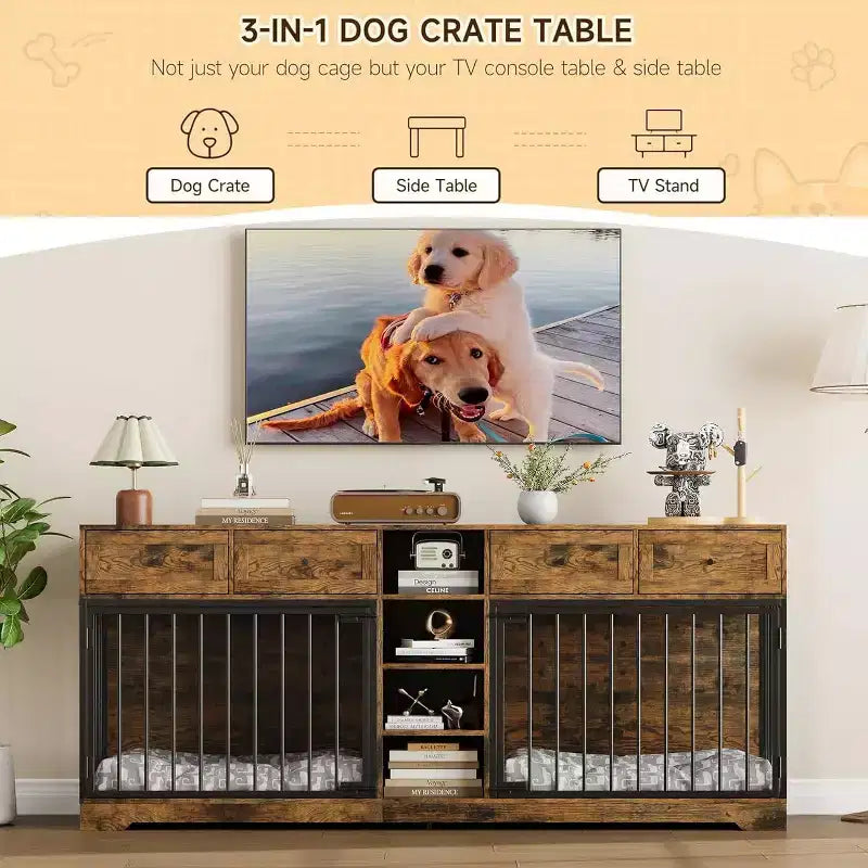 82" Doppel-Hundebox Möbel, großer Hundezwinger für 2 Hunde, robuster TV-Ständer aus Holz mit 4 Schubladen und Regalen